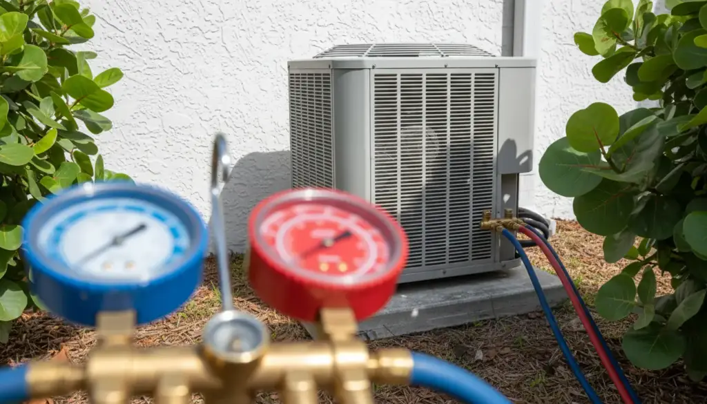 Blue and red refrigeration gauges connected to the service valves of a condenser beside a white stucco wall