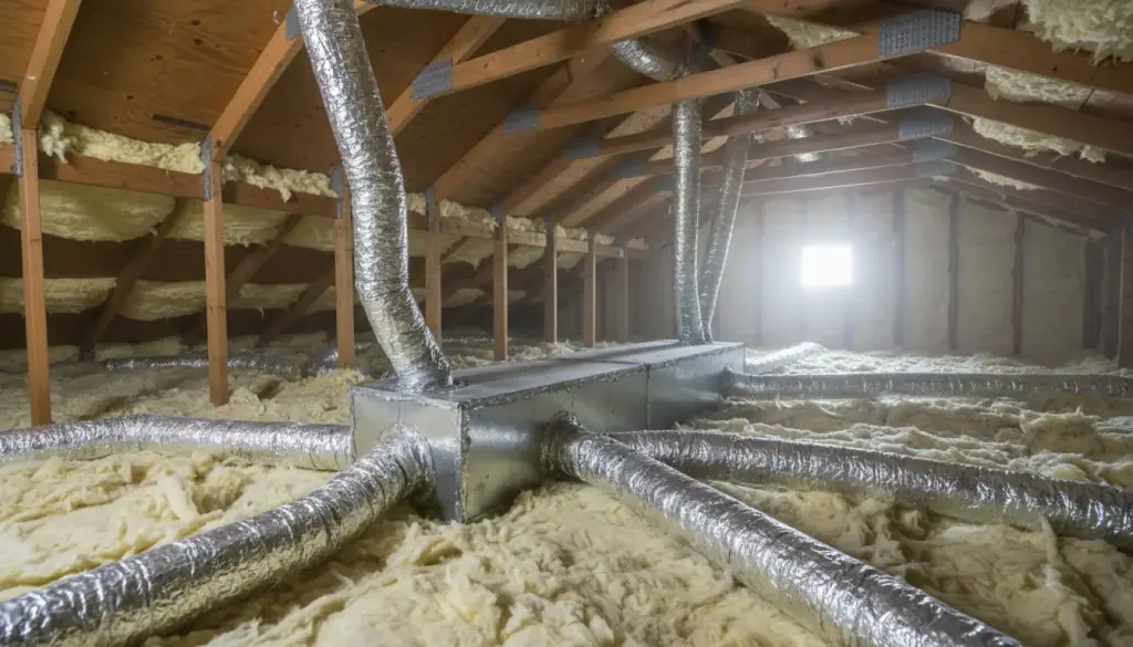 Insulated flex ducts and a sheet-metal supply trunk running across a hot attic