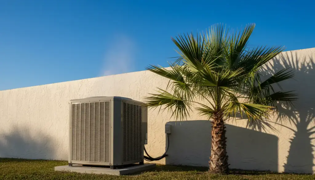 A heat pump outdoor unit on a cool clear morning beside a saw palmetto and a stucco wall