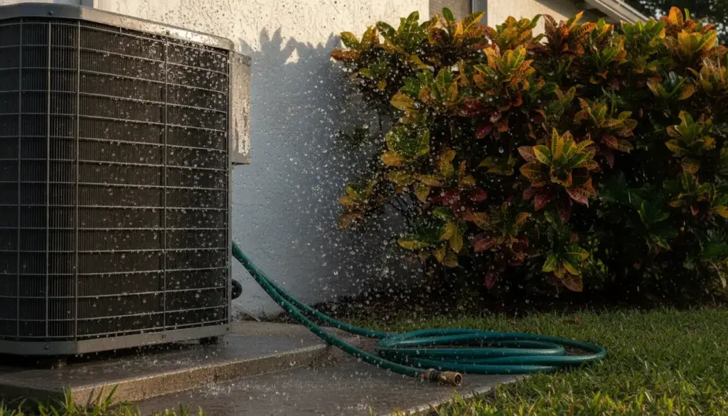 A freshly rinsed condenser coil with water droplets and a garden hose on the pad