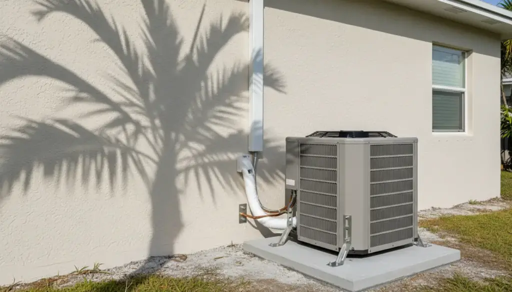 A new condenser on a fresh pad with hurricane tie-down brackets beside a pale stucco house